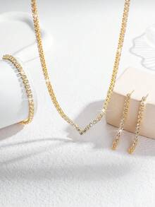 3pcs/Set Gold V-Shaped Elegant Crystal Necklace, Earrings, Bracelet Jewelry Set - Graceful And Versatile, Suitable For Women's Daily Wear, Weddings, Parties, Etc. - Yellow Gold - View 2