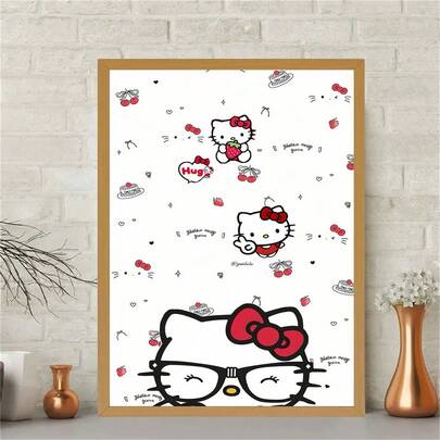 SANRIO 1pc Strawberry & Cherry Wall Hanging Tapestry, Cute Graffiti Wall Decor, Sweet Bedroom Decoration, Y2K Style Dorm Room Wall Art With Glasses And "Hug" Text
