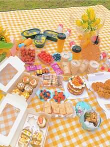 1pc Folding Picnic Blankets Beach Bag, Large Family Picnic & Outdoor Beach Blanket Machine, Washable Plus Thick Checkered Sandproof Grass Waterproof Foldable Camping On Beach Mat,Perfect For Camping, Family & Friends Outings! - Yellow - View 7