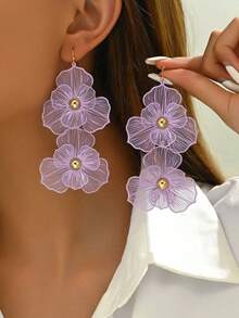 1 Pair Fashion Purple Double-Layer Flower Earrings, Exaggerated Design, Women's Long Multi-Layer Flower Pendant Earrings, Suitable For Valentine's Day, Daily Wear, Mother's Day, Gift - Double-layered Flower Earrings - View 10