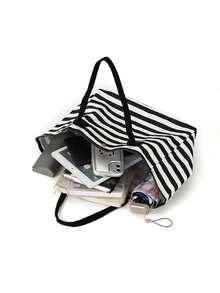 Large Capacity Black & White Striped Beach Tote Bag, Foldable Canvas Shoulder Bag, Waterproof & Sand-Proof Travel Bag, Suitable For Summer Essentials, Perfect For Beach Travel, Swimming, Shopping And Daily Use, Suitable For Women, Travelers And Beach Lovers, Great For Spring Break, Easter, Mother's Day, Vacation And Gifts, Durable Woven Material, Can Be Used As Beach Bag, Shopping Bag And Travel Companion - Multicolor - View 10