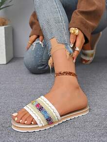 Women's Strap Open Toe Flat Sandals, Bohemian Resort Style - White - View 5