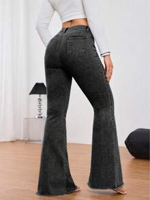Women's Black High Waist Flare Jeans Frayed Hem Denim Pants - 黑色 - 查看 2