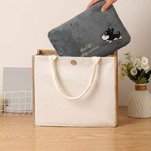 Bolso de mano de mujer de lino retro de unicolor, de gran capacidad, reutilizable para uso diario, compras y reuniones - Albaricoque - Ver 8