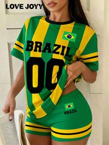 Bộ đồ thể thao nữ LOVE JOYY kiểu áo bóng đá Brazil, gồm áo thun ngắn tay kẻ sọc và quần short, thích hợp cho mùa hè, xem các trận bóng đá và các dịp thể thao. - Nhiều màu - Xem 3