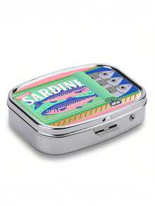 1 pieza Caja de píldoras cuadrada de lata de pez pequeño vintage y caprichoso con 2 compartimentos, caja de almacenamiento compacta adecuada para el hogar, los viajes y un regalo único para el bolsillo/la billetera - Multicolor - Ver 7