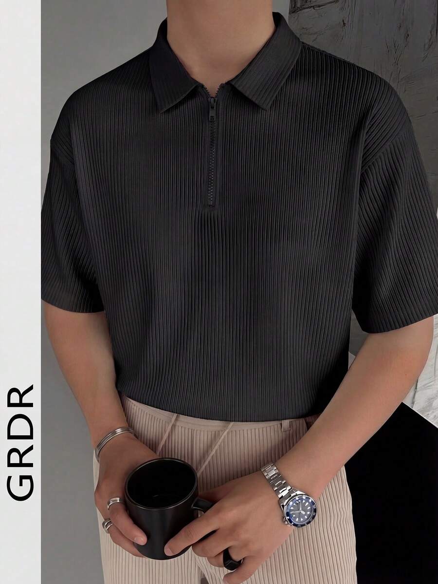 GRDR 简约纯色短袖拉链 Polo 衫,男士休闲上衣 - 黑色 - 查看 1