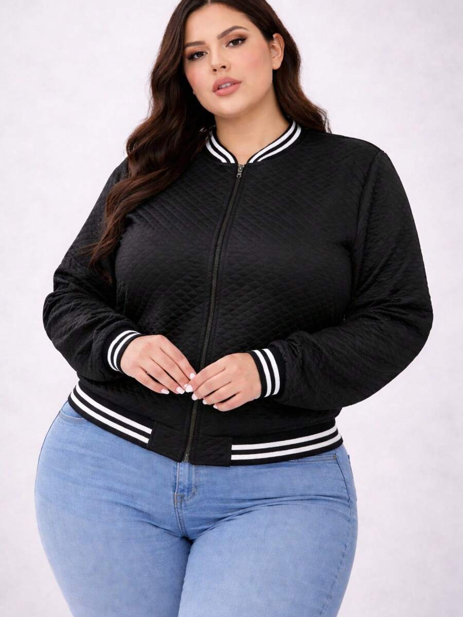 Women's Plus Size Bomber Jacket With Zipper Outerwear G1 G2 G3 - Black - View 1
