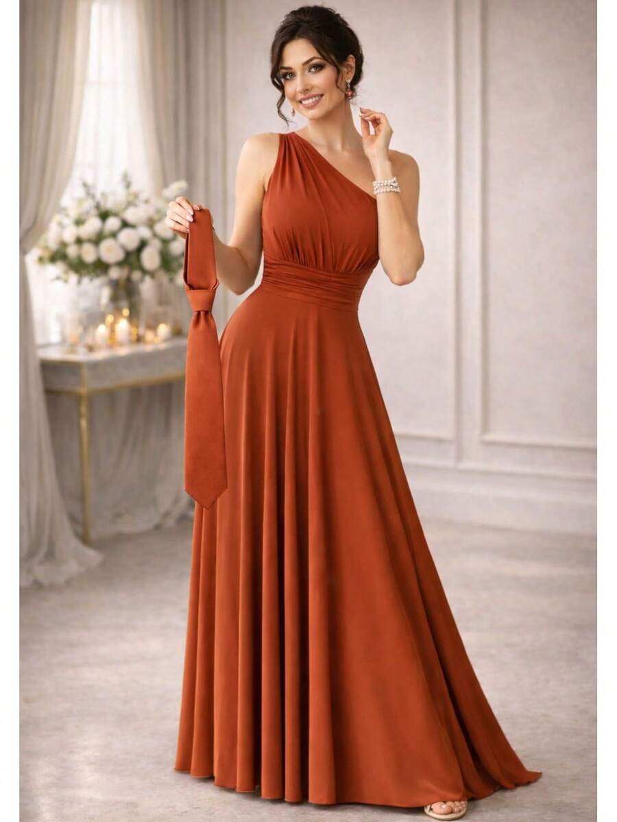 Cheap Long Dress For Bridesmaid, Dull Mule In Fluted Color With Tie In The Same Color For Groomsman - 紅陶 - 查看 1
