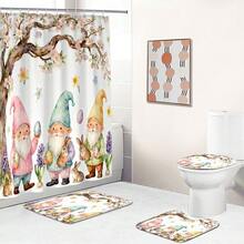 1pc/3pcs/4pcs Easter Gnome & Egg Multifunctional Bathroom Decor Shower Curtain Set, Free 12 Hooks Included, Elegant Holiday Atmosphere, Bathroom Mat, U-Shaped Rug And Round Toilet Mat, Suitable For All Scenarios - E - View 4