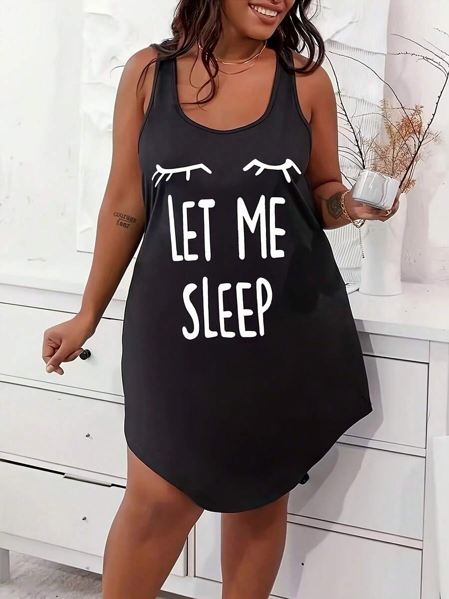 Plus Size Casual Lounge Dress, Women's Plus Eyelash & Letter Print Scoop Neck Racer Back Curve Hem Tank Sleep Dress - Black - View 1