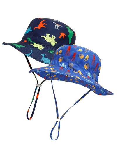 2顶可调节尺寸渔夫帽，适合6个月至8岁儿童，男女童双色数码印花帽