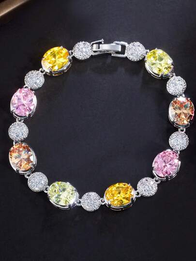 1pc Gorgeous Rainbow Multicolor Big Oval Cubic Zirconia Silver Plated CZ Tennis Bracelet, Women's Party Jewelry For Wedding, Engagement, Prom, Costume Accessories, Daily Wear, Bridal, Bridesmaids, Ladies Gift