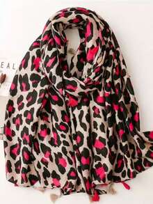 1pc Bohemian Style Fashion Leopard Print Batik Pattern Soft & Lightweight Scarf/Shawl, Suitable For Daily Commute And Outdoor Wear,Travel Essential,Beach Towel - Magenta Leopard Print - View 5