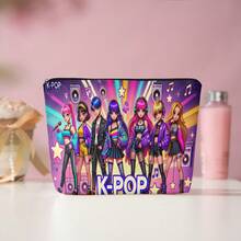 1个K-Pop组合主题化妆旅行收纳包，双面亚麻化妆包 - 印有K-Pop标志，韩国流行文化设计，可折叠男女通用手拿包，可用作文化包、铅笔盒、K-Pop粉丝礼品袋（可机洗） - A - 查看 2