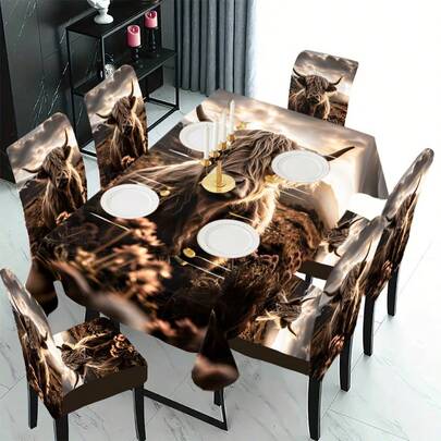 1/4/5/6/7/36pcs Spring & Summer Series Rose & Leaf, Dark Brown & Warm Gold Flower & Leaf, Highland Cow Pattern Print Chair Cover/Seat Cushion Set, Suitable For Indoor Home, Restaurant, Hotel, Ideal Choice For Modern Daily Decor. Tablecloth Fits Square Dining Table, Elastic Chair Cover Is Washable.