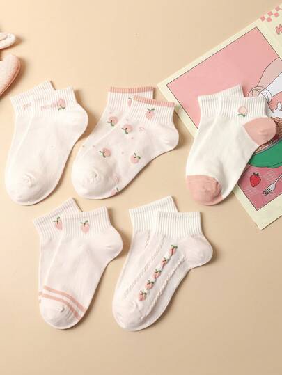 5 pares de calcetines cortos de boca poco profunda, color rosa, con diseño lindo de melocotón, para primavera/otoño