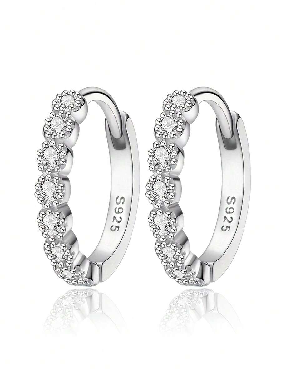 Pendientes de aro minimalistas de plata de ley 925, pendientes con circonita cúbica, aptos para uso diario, regalo de cumpleaños - Plateado - Ver 1