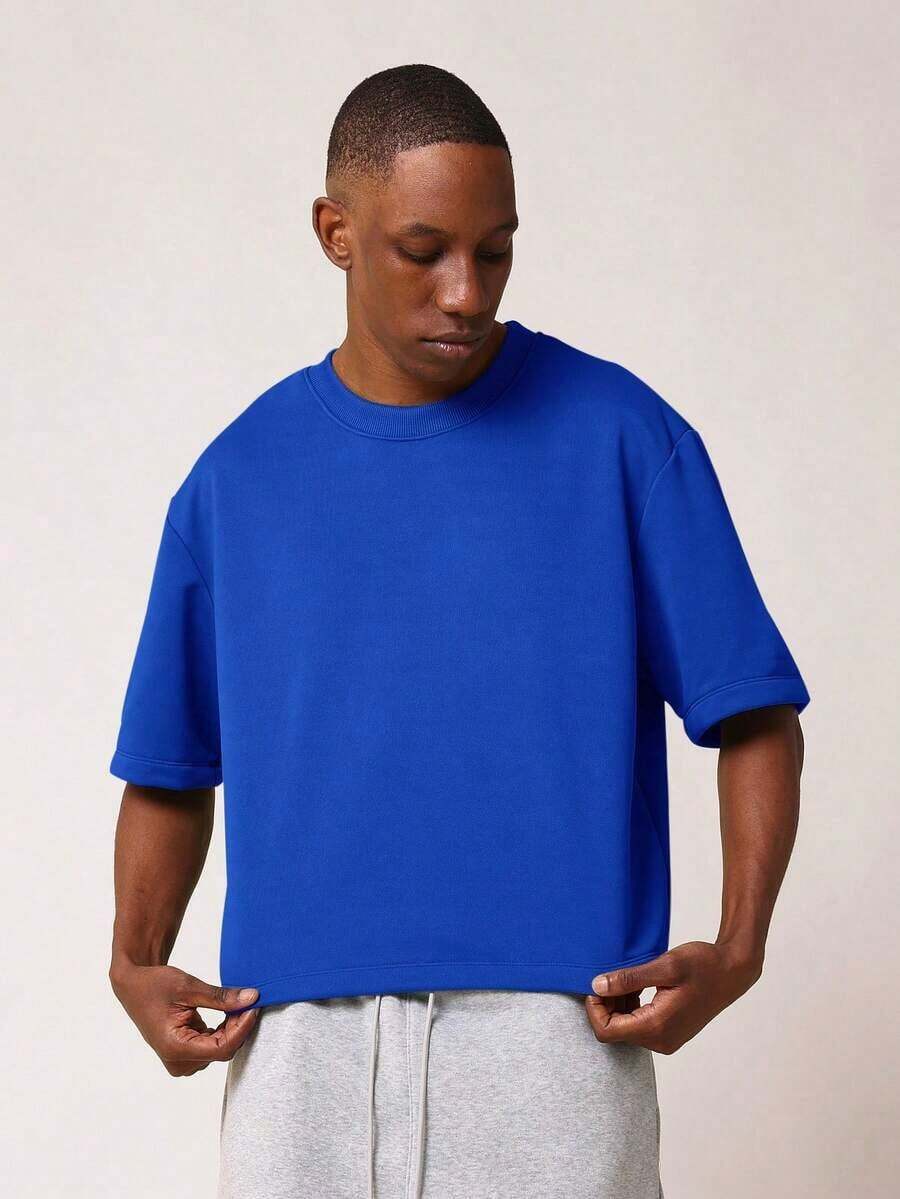 SUMWON Men's Boxy Crop Short Sleeve Sweatshirt Crew Neck Oversized Casual Pullover TopCasual Short-Sleeve T-Shirts For Men And Women - 藍色 - 查看 1