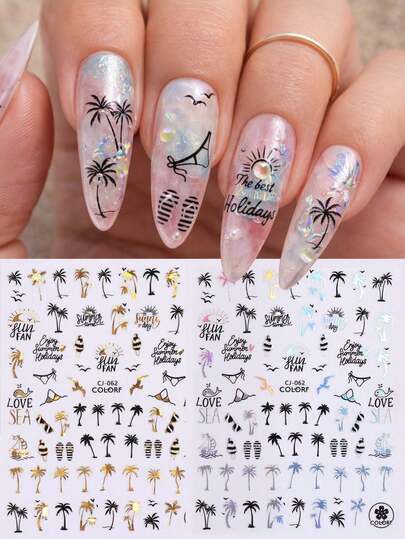 2 piezas Pegatinas de arte de uñas con diseño de árbol de coco de verano, calcomanías decorativas de hojas, playa y océano con diseño tropical de palma, gaviota y láser negro plateado para decoración de uñas DIY