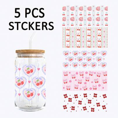 5 pezzi Adesivi per tazze UV DTF a tema ciliegia rosa, adesivi in cristallo 3D impermeabili e resistenti ai graffi, adatti per tazze di vetro da 16 once, tazze, artigianato, ottimi per decorare oggetti personali! (4,3 pollici x 9,4 pollici)
