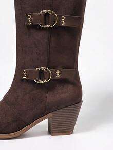 Deep Coffee Slip-On Slip-On High-Top Boots, Chunky Heel Square Toe, Fashion Women's Boots, Versatile Elegant Office & Casual Wear, Western Style Booties - Coffee Brown - View 5