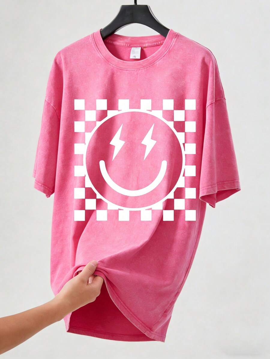 Vintage Washed Smile Face Lightning T-Shirt | Checkered Grid Graphic Tee | 100% Cotton Oversized Streetwear - Hot Pink - View 1