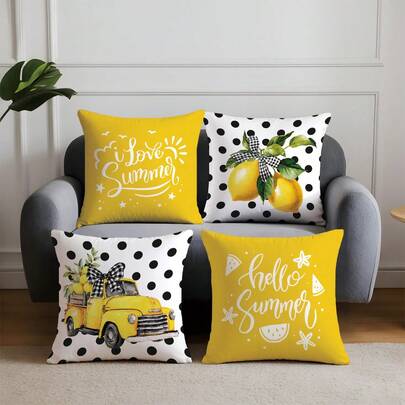 4pcs Black Polka Dot & Yellow Lemon With Text Pattern Cushion Cover, Single-Sided Printed Soft Peach Velvet Material, 45*45CM Pillow Case Suitable For Home Indoor Bedroom Living Room Party Decor, Sofa Decorative Throw Pillow Cover, Holiday Gift (Pillow Insert Not Included)