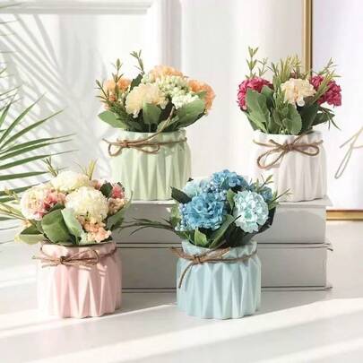 Artificial Flowers In Pots, Small Fake Hydrangea Bouquets With Plastic Vase, Faux Potted Plants For Home Office Desk Shelf Decoration