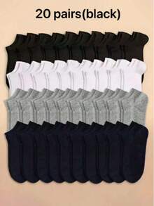 20 Pairs Women Black White Grey Ankle Socks, Fashion Minimalist Short Socks - Multicolor - View 8