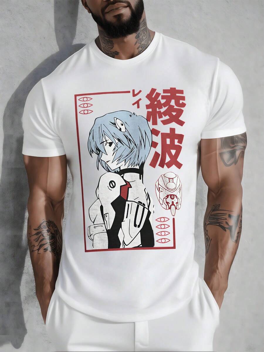 Retrato de personaje de anime con cabello azul y uniforme futurista acompa?ado de símbolos japoneses y figura mecánica que transmite una estética única camiseta de hombre 100% algodón 220g - Blanco - Ver 1