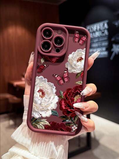 Peony Flower & Butterfly Pattern Painted Groove Burgundy Thick Anti-Drop Soft Phone Case, Suitable For IPhone 17/16/16Pro/16ProMax/16Plus, 15 XR/7/8, 15 ProMax, 13 ProMax, 14 ProMax, 13, 14, 11, 12P, 14P, 11P, 12P, XS, XR, 7/8P