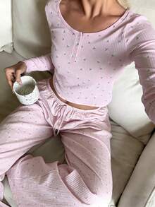 两件套碎花女式圆领长袖上衣+松紧腰裤睡衣套装，可爱家居服 - 粉色 - 查看 6