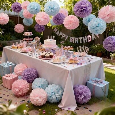 8个/12个粉色和浅蓝色纸花球装饰，DIY派对背景，适用于婚礼、新娘送礼会、生日派对、单身派对、毕业典礼和春夏庆祝活动，手工折叠花球设计