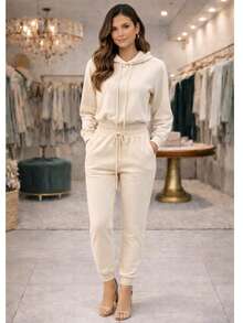 Women's 2-Ply Fleece Tracksuit Set, Winter Fashion, Cold Weather. - 米白色 - 查看 1