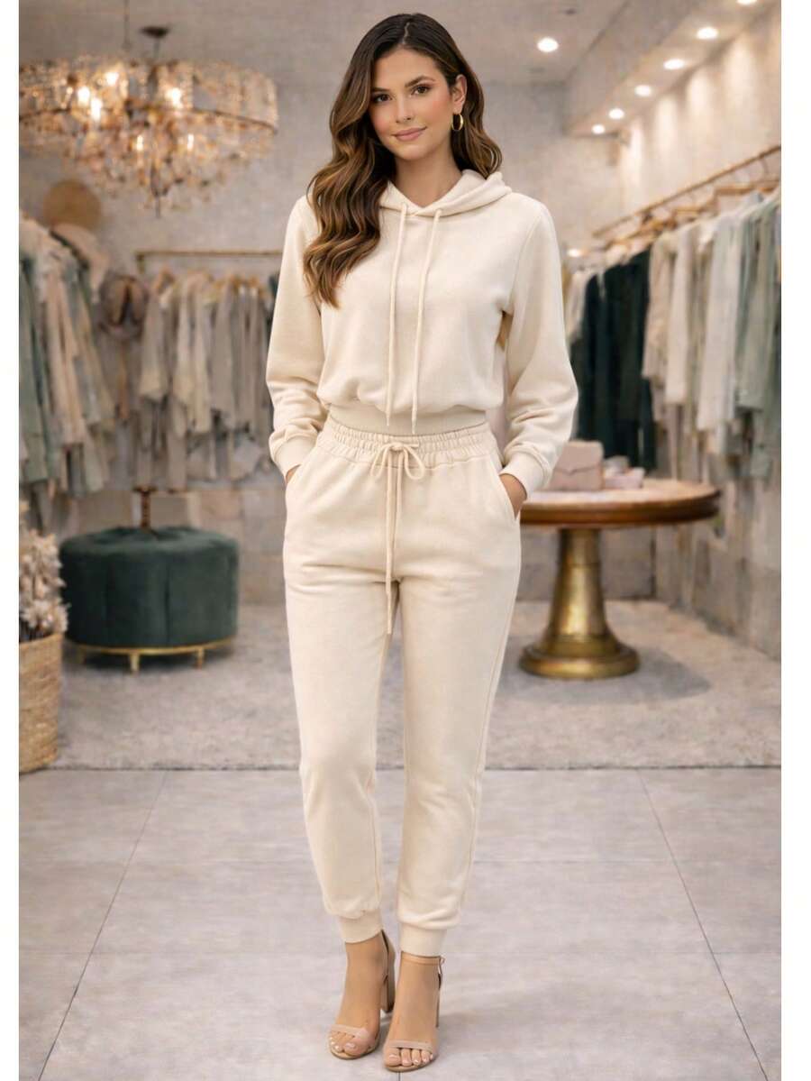 Women's 2-Ply Fleece Tracksuit Set, Winter Fashion, Cold Weather. - 米白色 - 查看 1