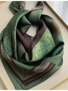 Metal Horseshoe Chain Faux Silk 70cm Square Scarf, Lightweight Neck Scarf, Suitable For Spring, Summer, Autumn Accessories - Green - View 2