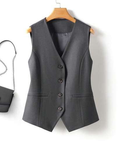 Women V-Neck Sleeveless Vest With Button Detailing - Stylish & Versatile, Illusion Pockets, Premium Fabric - A Chic Addition To Your Closet Summer