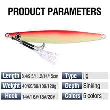 5Pcs Metal Slow Jig Luminous 40-120g Sinking Casting Jigging Lure With Two Assist Hook For Tuna Bass In Saltwater Freshwater Artificial Hard Bait. - Multicolor - View 10