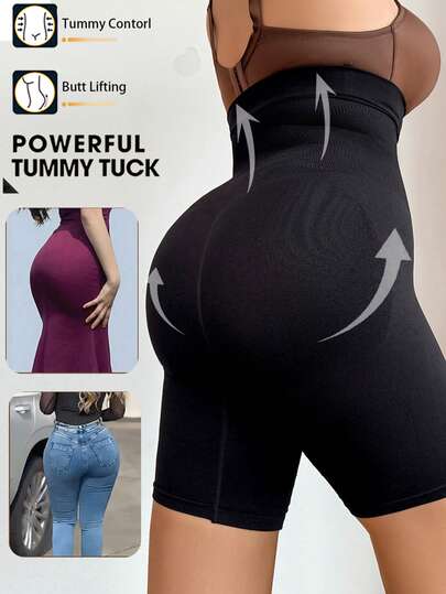 1件装女士加大码紫色极简高腰无痕塑形内裤，收腰收腹，提臀塑形短裤，弹力舒适基础款内衣