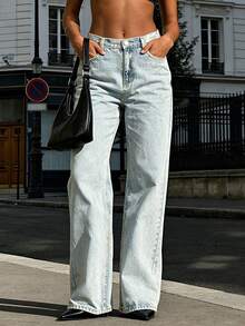 Women's Straight Leg Jeans - Classic Non-Stretch Denim With Functional Pockets For Urban Street Style - 淺色水洗藍 - 查看 2