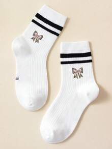 1 Pair Girls' Black & White Striped Mid-Calf Socks – Leopard-Print Bow & Ribbed Design (Versatile Preppy Style) - Multicolor - View 7