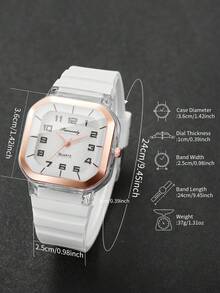 2pcs/Set Women's Silicone Square Watch With Numeric Dial, Classic Quartz Wristwatch + Heart-Shaped Bracelet (Watch Box Not Included) - White - View 4