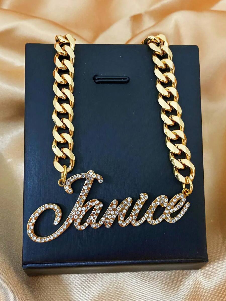 Personalized Old English Necklace: 18K Big Nameplate, 8mm Cuban Chain, Custom Women Men Jewelry - Diamond-encrusted Version - View 1