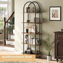 71" Arched Bookshelf, 5 Tier Freestanding Open Bookcase With Sturdy Metal Frame, Modern Display Rack And Plant Shelf For Bedroom, Living Room, Home Office - 黑色+復古色彩,五層 - 查看 4