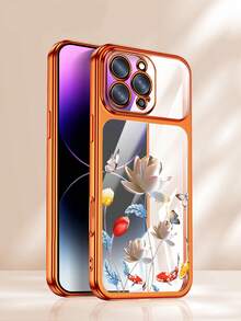 Hochwertige, galvanisierte, transparente Handyhülle für iPhone 15 Pro Max 16 Pro Max 13 14 Pro Max 14 Plus 15 Plus 16 Plus. Modisches, mattes Rundum-Design mit silbernem Lotus-Motiv. - Orange - Übersicht 2