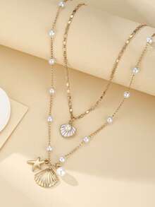 1pc Elegant European And American Style Luxury Faux Starfish, Pearl & Shell Necklace, Lightweight Oceanic Clavicle Chain Suitable For Daily Wear And Parties - Gold - View 2