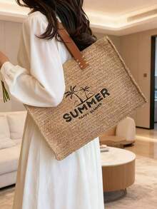 新款夏季刺绣棕榈树草编手提包，大容量通勤编织单肩包，女士休闲沙滩手提包 - 卡其色 - 查看 3