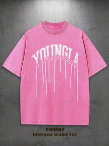 1PC Y2K Vintage Washed T-Shirt | Men's Graphic Tee | YLA Dripping Skull Design Pattern | Gifts For Men Or Boyfriend | 100% Cotton | 230Gsm Thickened Fabric | Unisex - 玫紅色 - 查看 3