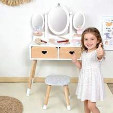 Juego de Madera Tocador para Niñas con Espejo, Mesa de Maquillaje y Juego de Imitación para Princesitas, Madera Resistente De Maquillaje Vanity Set Blanco, Cajones para Guardar Juguetes y Accesorios, Esconde la alegría de la infancia en un regalo, En el Día del Niño, regala a los niños una felicidad tangible - Blanco - Ver 1